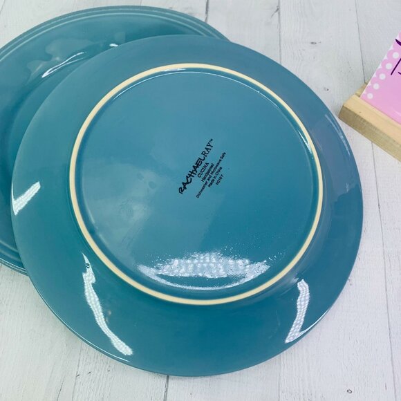 Rachael Ray CUCINA AGAVE BLUE Embossed Edge Rim Stoneware Dinner Plates Set of 4 - Picture 5 of 12